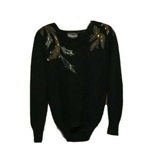 Rochelle Womens Sweater Black‎ Metallic Long Sleeve Embroidered Floral Beads L